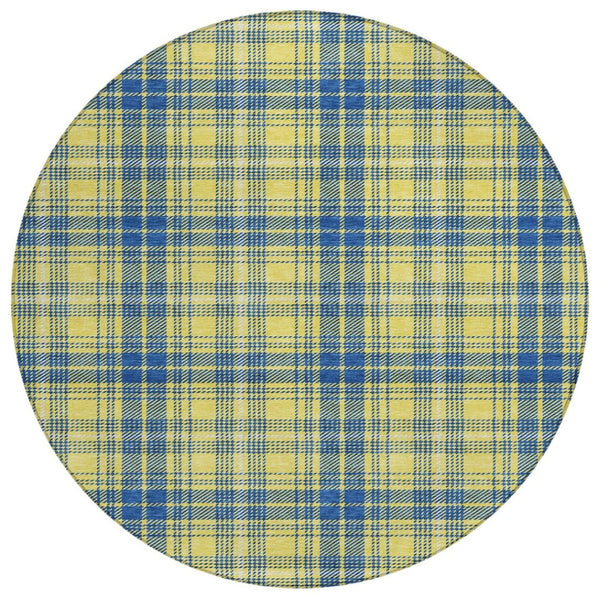HomeRoots 5' Timeless Plaid Washable Area Rug in Yellow, Blue & Ivory for Indoor and Outdoor Durability 8' Round 597137