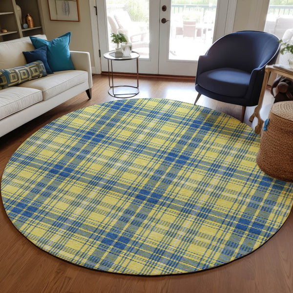 Homeroots 3' Stylish Artichoke Green Brown And Ivory Plaid Washable Area Rug For Indoor And Outdoor Use 8' Round Polyester 597137