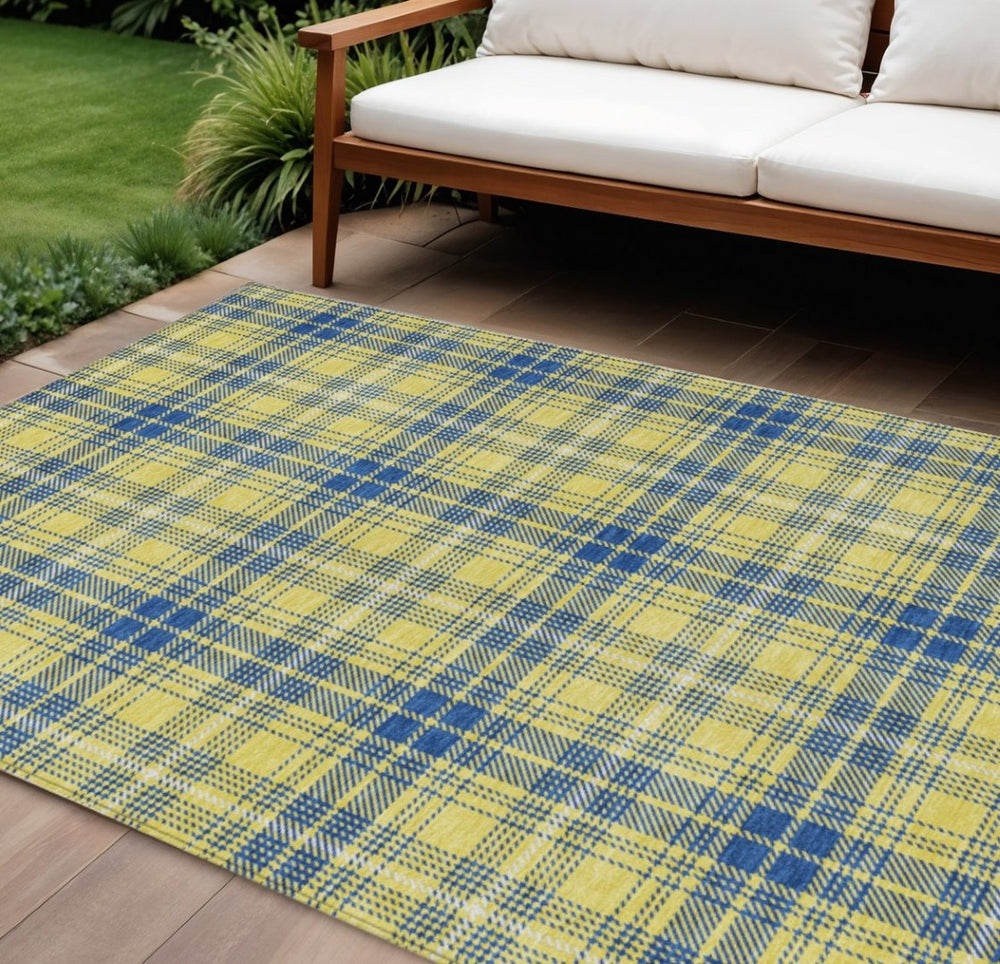 HomeRoots 9' X 12' Cheerful Yellow, Blue, Ivory Plaid Washable Area Rug for Indoor & Outdoor Versatility 597139