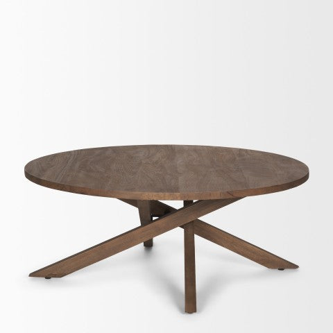 Homeroots 42" Brown Solid Wood Round Coffee Table With Modern Cross Legs - Stylish Centerpiece For Any Room   597142