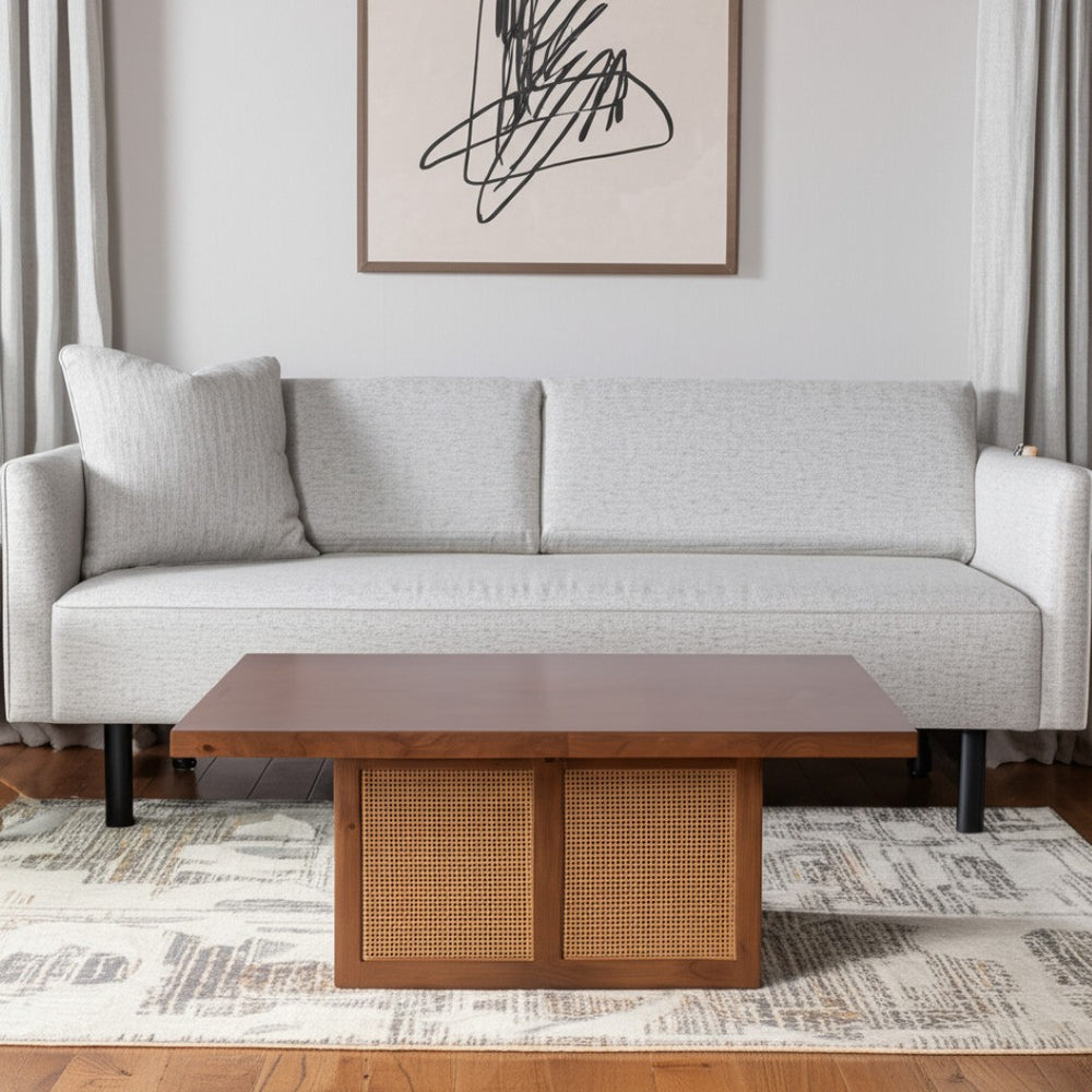 HomeRoots 42" Brown Solid Mango Wood and Wicker Square Coffee Table - Coastal Style for Modern Living Spaces 597143