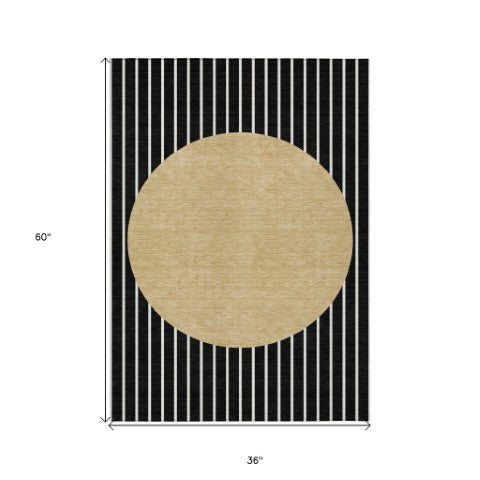 Homeroots 3' Black And Beige Striped Washable Area Rug - Durable, Stylish Design For Indoor And Outdoor Use 3' X 5' Polyester 597145
