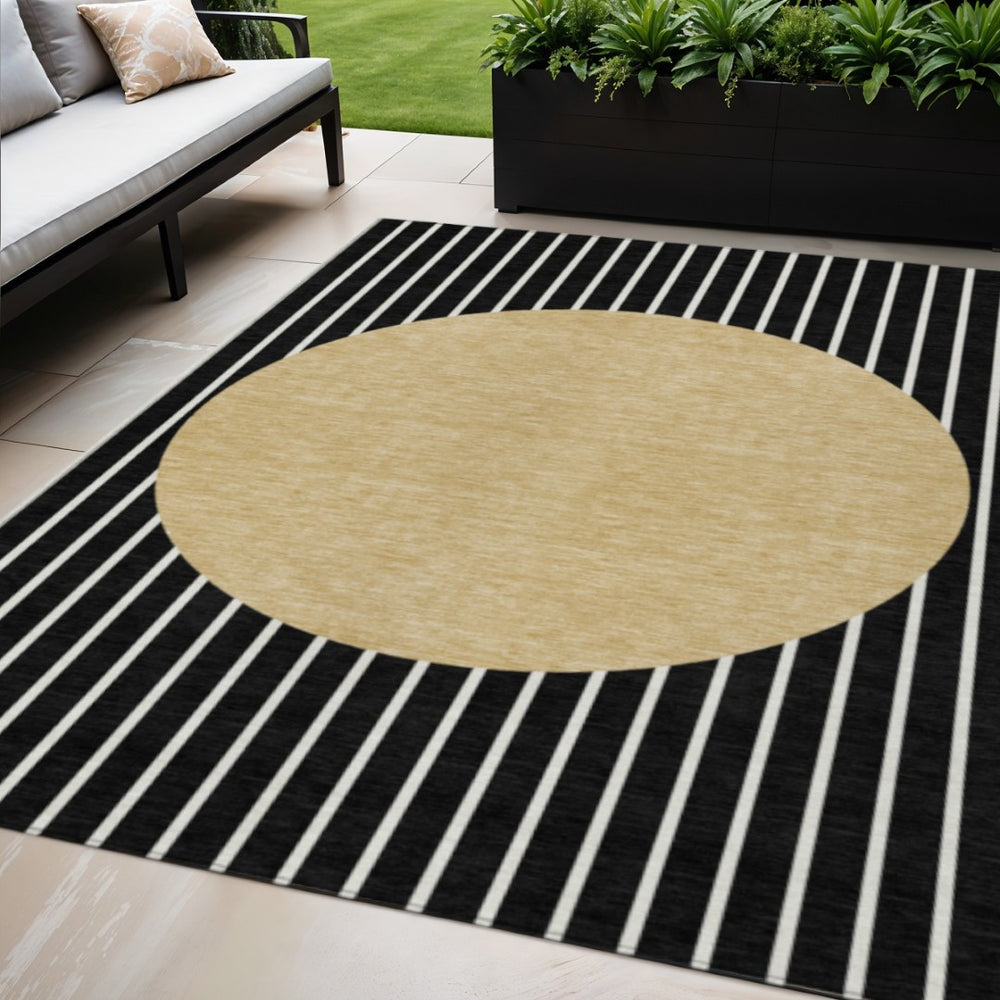 HomeRoots 5' Black and Beige Striped Washable Area Rug - Stylish, Durable Design for Indoor and Outdoor Use 5' X 8' 597146