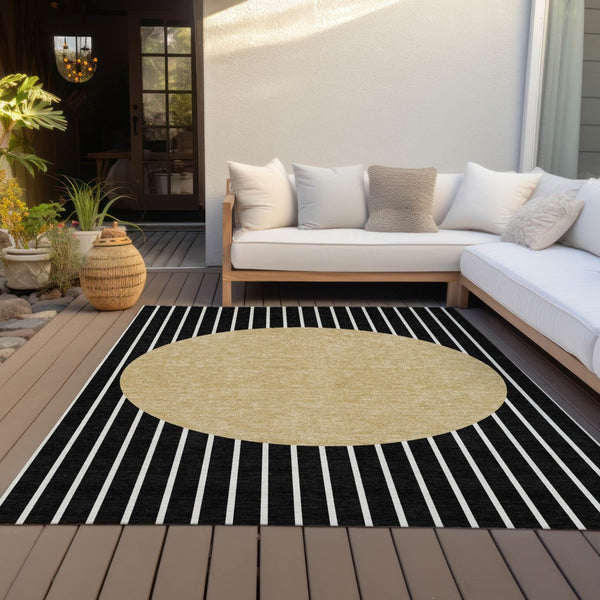 Homeroots 3' Black And Beige Striped Washable Area Rug - Durable, Stylish Design For Indoor And Outdoor Use 5' X 8' Polyester 597146