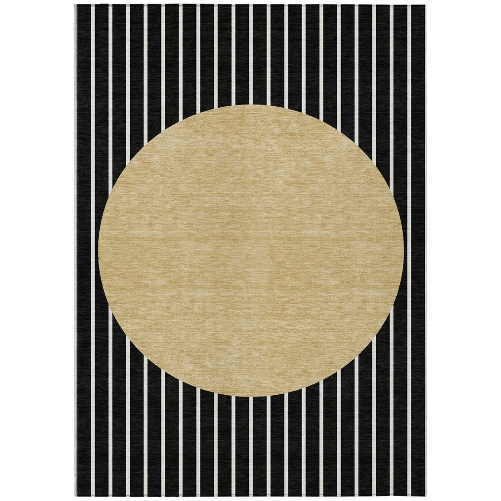 HomeRoots 5' Black and Beige Striped Washable Area Rug - Stylish, Durable Design for Indoor and Outdoor Use 5' X 8' 597146
