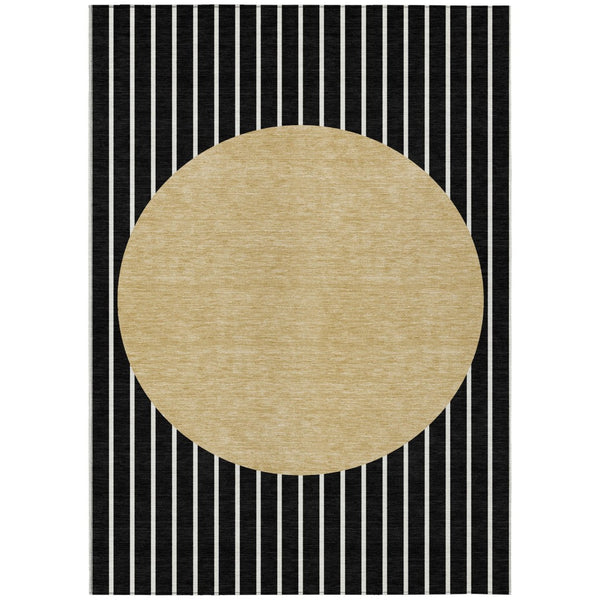 HomeRoots 5' Black and Beige Striped Washable Area Rug - Stylish, Durable Design for Indoor and Outdoor Use 5' X 8' 597146