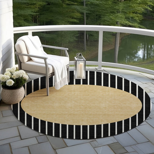 Homeroots 3' Black And Beige Striped Washable Area Rug - Durable, Stylish Design For Indoor And Outdoor Use 8' Round Polyester 597147