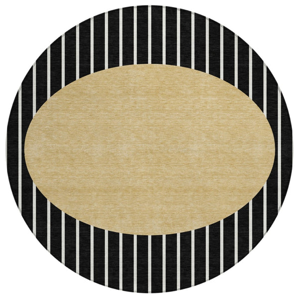 HomeRoots 5' Black and Beige Striped Washable Area Rug - Stylish, Durable Design for Indoor and Outdoor Use 8' Round 597147