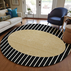 Homeroots 3' Black And Beige Striped Washable Area Rug - Durable, Stylish Design For Indoor And Outdoor Use 8' Round Polyester 597147