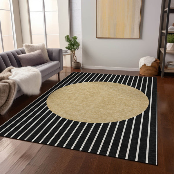 Homeroots 3' Black And Beige Striped Washable Area Rug - Durable, Stylish Design For Indoor And Outdoor Use 8' X 10' Polyester 597148