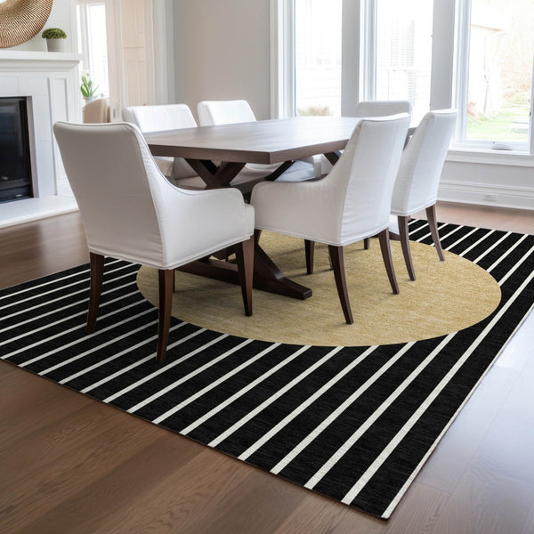 Homeroots 3' Black And Beige Striped Washable Area Rug - Durable, Stylish Design For Indoor And Outdoor Use 8' X 10' Polyester 597148
