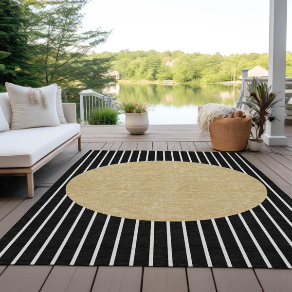 Homeroots 3' Black And Beige Striped Washable Area Rug - Durable, Stylish Design For Indoor And Outdoor Use 8' X 10' Polyester 597148