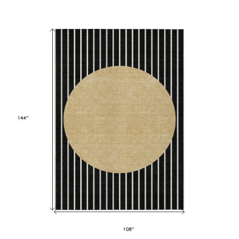 Homeroots 3' Black And Beige Striped Washable Area Rug - Durable, Stylish Design For Indoor And Outdoor Use 9' X 12' Polyester 597149