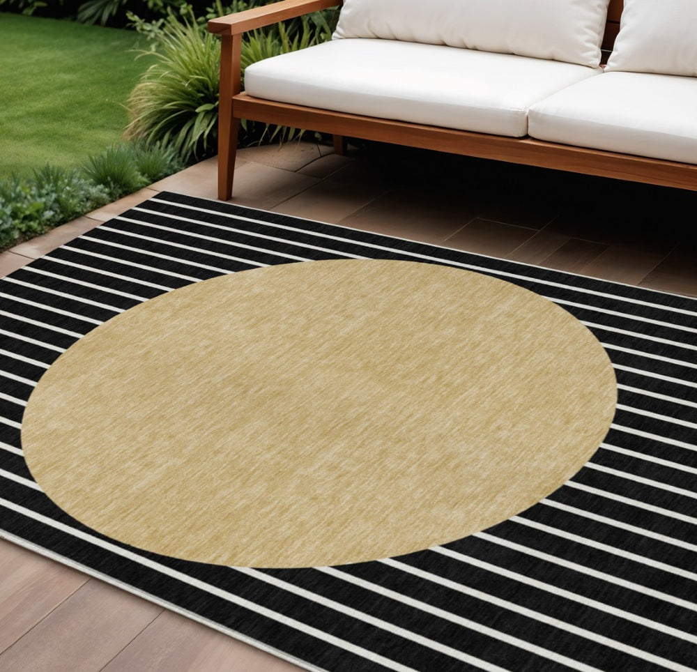 HomeRoots 9' X 12' Stylish Black and Beige Striped Washable Area Rug for Indoor and Outdoor Spaces, Durable Design 597149