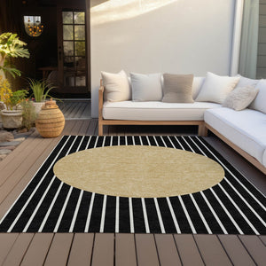 Homeroots 3' Black And Beige Striped Washable Area Rug - Durable, Stylish Design For Indoor And Outdoor Use 9' X 12' Polyester 597149