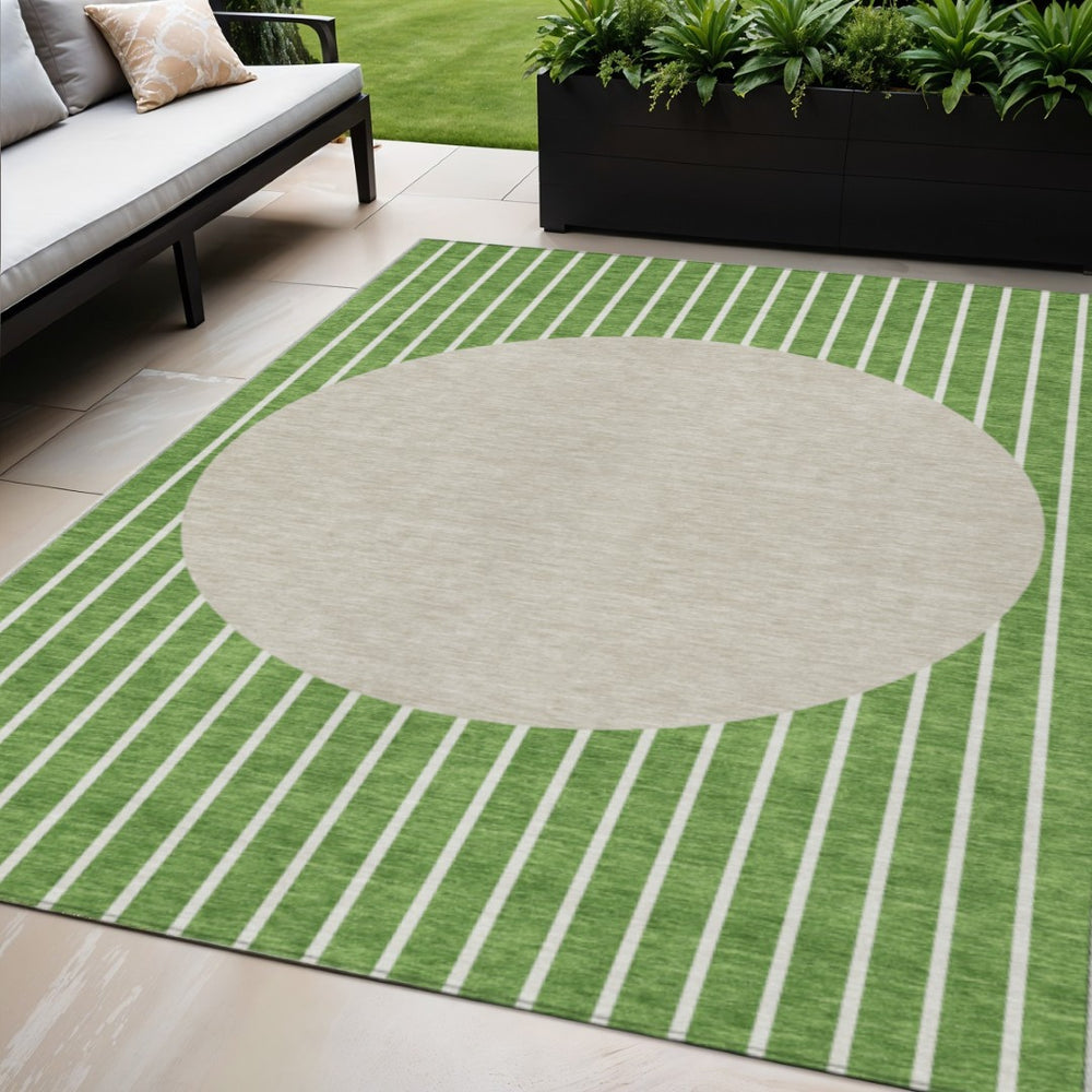 HomeRoots 5' Green and Gray Striped Washable Area Rug – Stylish, Durable Design for Indoor and Outdoor Spaces 5' X 8' 597158