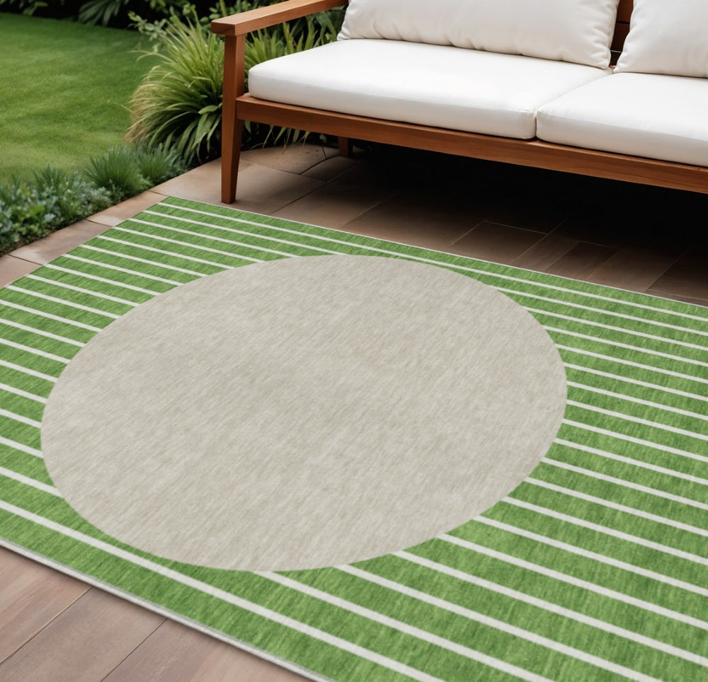 HomeRoots 9' X 12' Stylish Green and Gray Striped Washable Area Rug for Indoor and Outdoor Durability & Comfort 597161