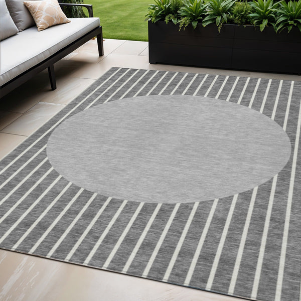 Homeroots 3' Black And Beige Striped Washable Area Rug - Durable, Stylish Design For Indoor And Outdoor Use 5' X 8' Polyester 597164