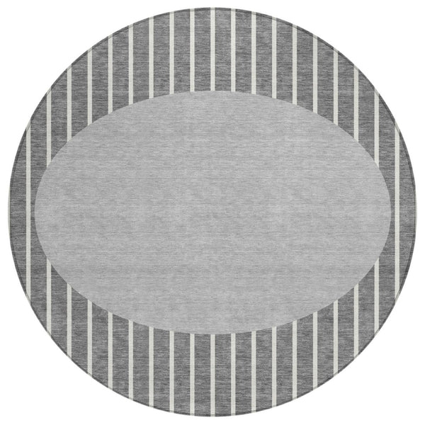 HomeRoots 5' Gray and Ivory Striped Area Rug – Durable, Washable Design for Indoor and Outdoor Spaces, Non-Slip 8' Round 597165