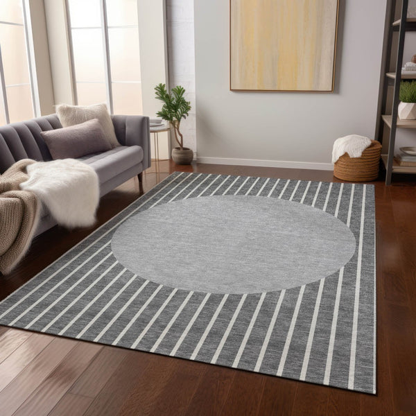 Homeroots 3' Black And Beige Striped Washable Area Rug - Durable, Stylish Design For Indoor And Outdoor Use 8' X 10' Polyester 597166