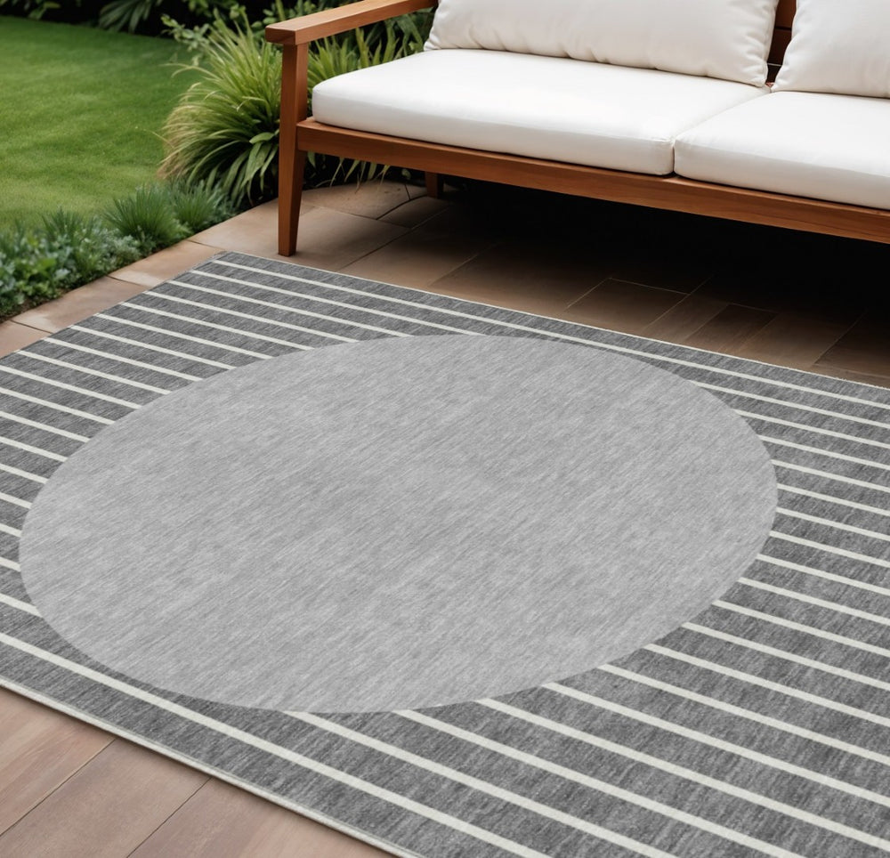 HomeRoots 9' Indoor Outdoor Gray and Ivory Striped Area Rug - Durable, Washable, Stylish for High-Traffic Spaces 597167