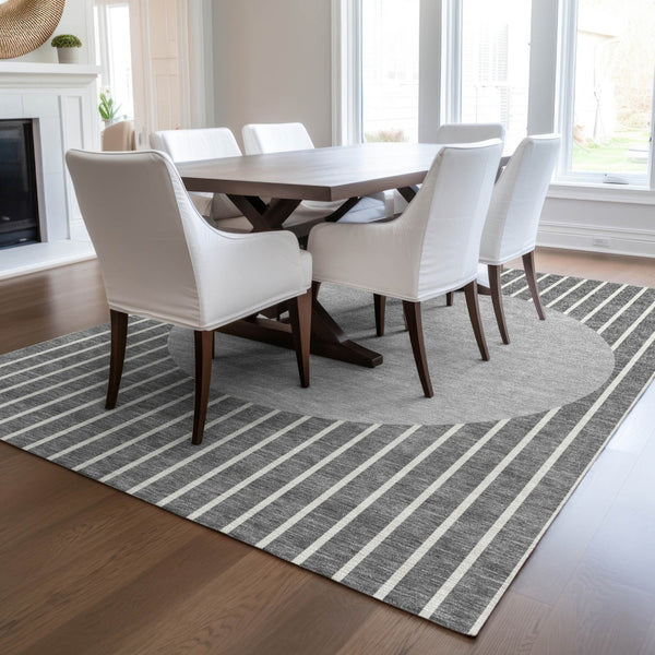 Homeroots 3' Black And Beige Striped Washable Area Rug - Durable, Stylish Design For Indoor And Outdoor Use 10' X 14' Polyester 597168