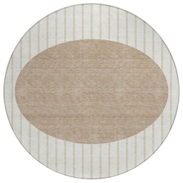 HomeRoots 5' Stylish Ivory and Brown Striped Washable Area Rug for Indoor and Outdoor Spaces, Easy Care 8' Round 597171