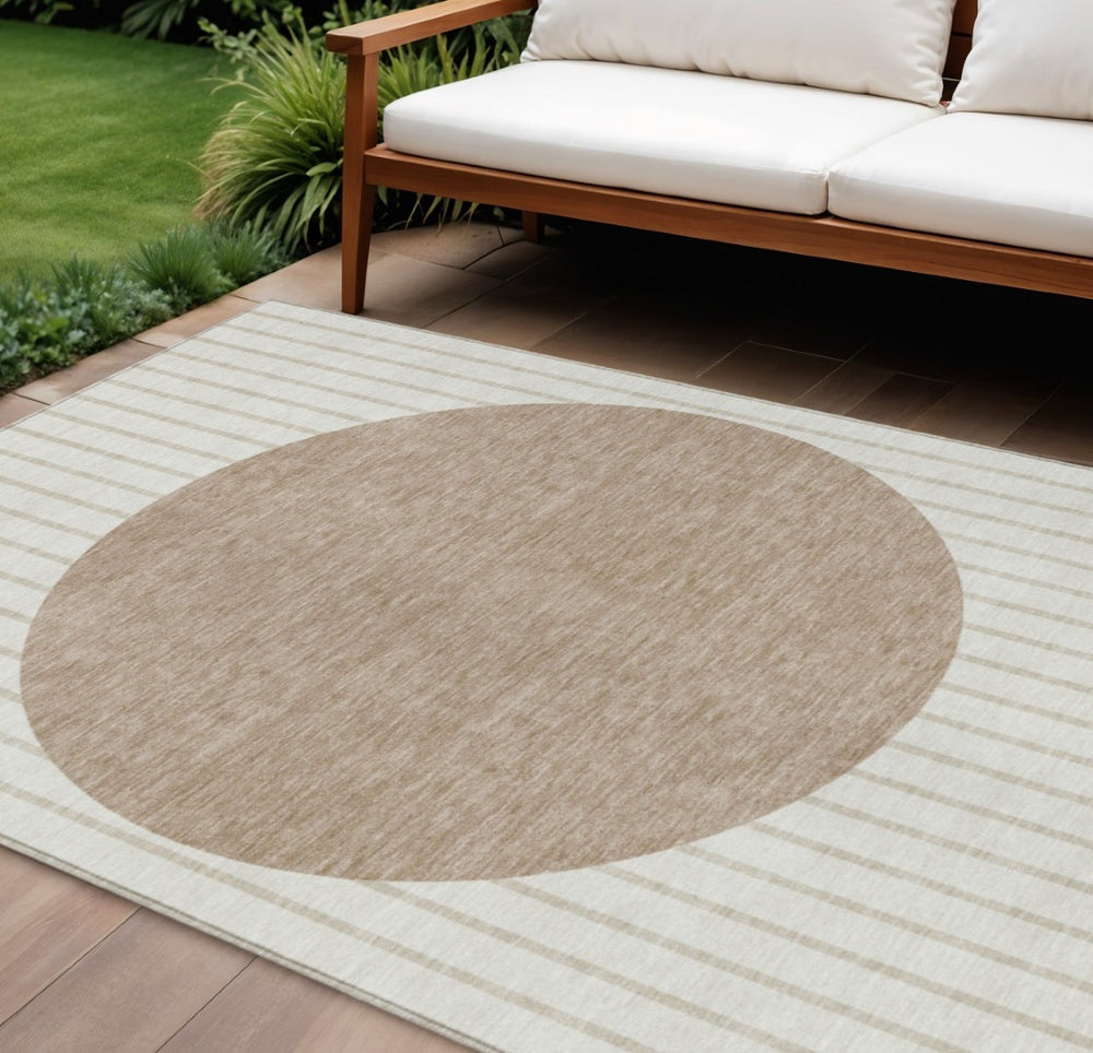 HomeRoots 9' X 12' Ivory and Brown Striped Washable Area Rug for Indoor/Outdoor Durability and Style 597173