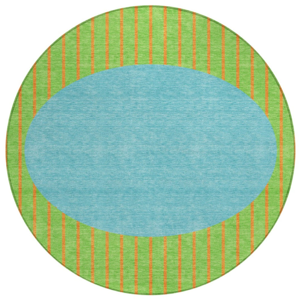 HomeRoots 5' Vibrant Lime Green and Blue Striped Indoor Outdoor Area Rug for Stylish Spaces and Easy Care 8' Round 597177
