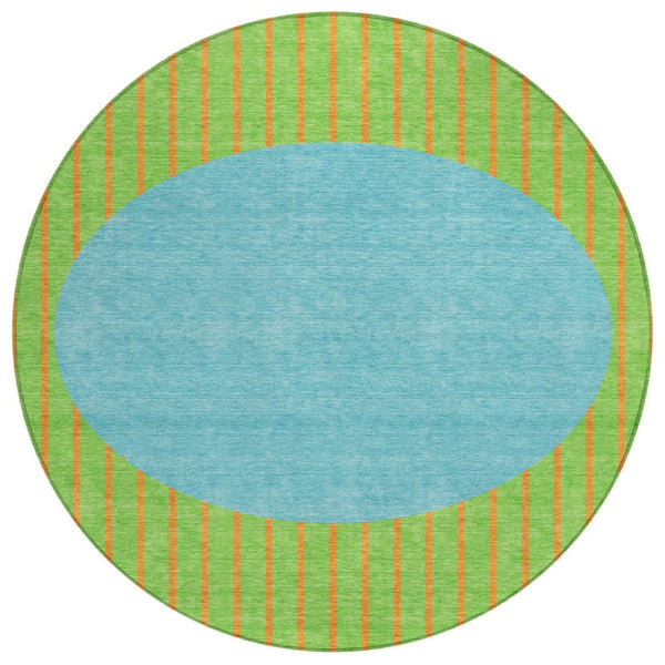 HomeRoots 5' Vibrant Lime Green and Blue Striped Indoor Outdoor Area Rug for Stylish Spaces and Easy Care 8' Round 597177