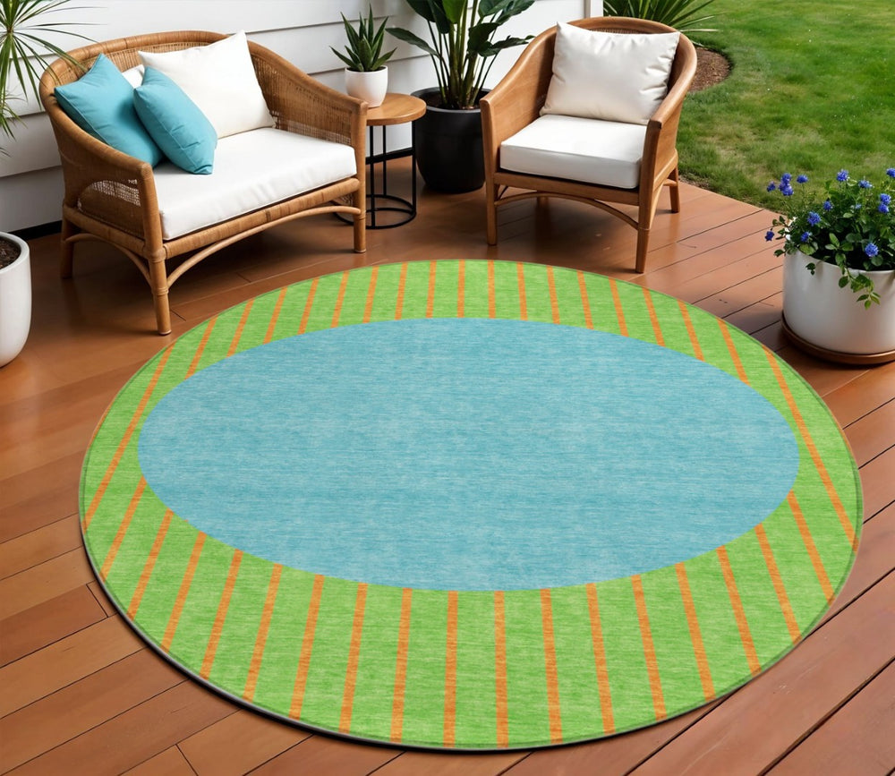 HomeRoots 5' Vibrant Lime Green and Blue Striped Indoor Outdoor Area Rug for Stylish Spaces and Easy Care 8' Round 597177
