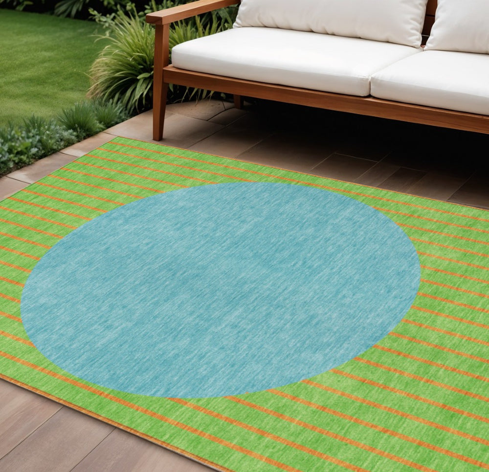HomeRoots 9' Striped Indoor Outdoor Area Rug in Lime Green & Blue - Durable, Washable & Versatile for Any Space! 597179