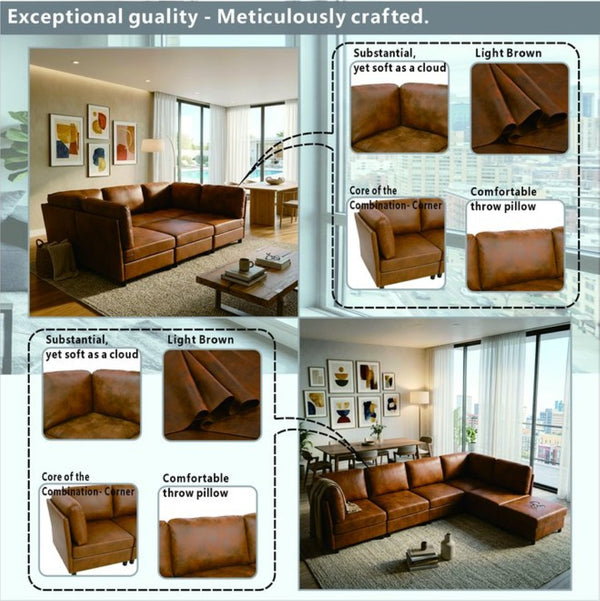 English Elm Modern Foil Fabric Modular Sectional Sofa Reconfigurable Living Room Seating Light Brown W5568S00051