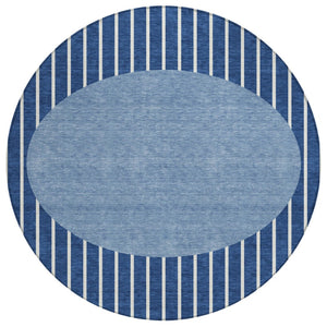 HomeRoots 5' Navy Blue and Gray Striped Washable Area Rug - Durable Indoor/Outdoor Decor for Every Space 8' Round 597183