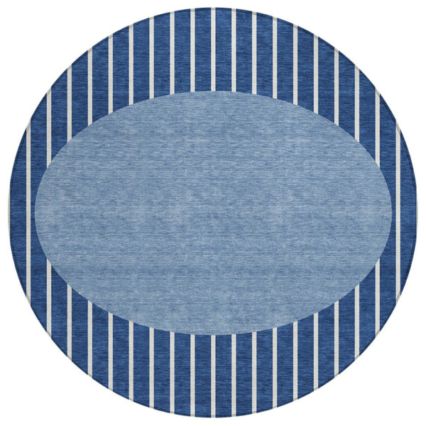 HomeRoots 5' Navy Blue and Gray Striped Washable Area Rug - Durable Indoor/Outdoor Decor for Every Space 8' Round 597183