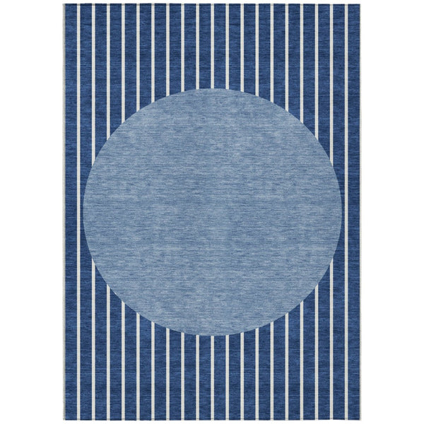 HomeRoots 5' Navy Blue and Gray Striped Washable Area Rug - Durable Indoor/Outdoor Decor for Every Space 8' X 10' 597184