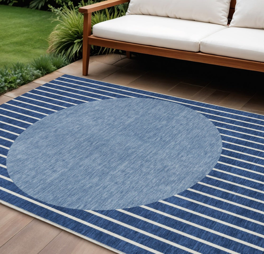 HomeRoots 5' Navy Blue and Gray Striped Washable Area Rug - Durable Indoor/Outdoor Decor for Every Space 10' X 14' 597186