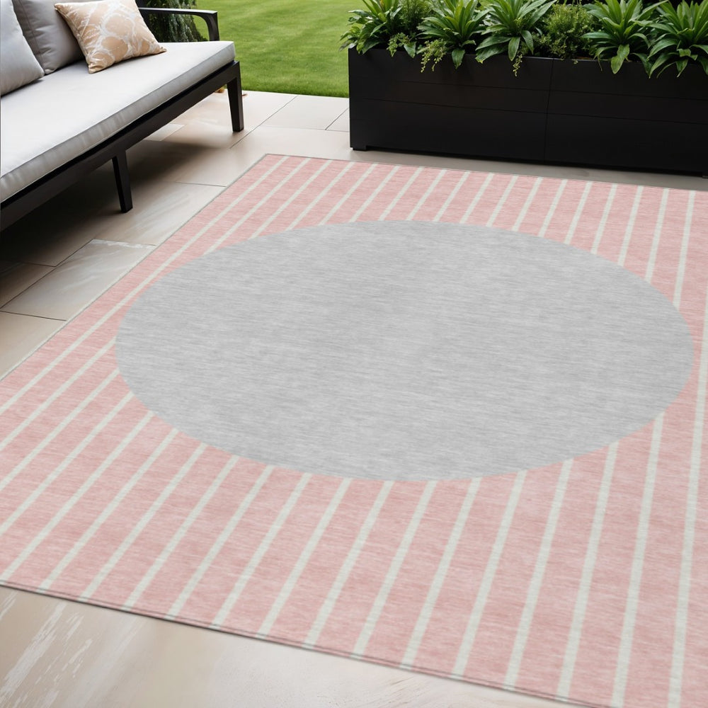 HomeRoots 5' Contemporary Pink and Silver Striped Indoor Outdoor Area Rug for Stylish Home and Patio Decor 5' X 8' 597188