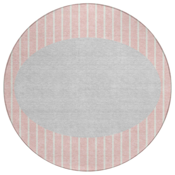 HomeRoots 5' Contemporary Pink and Silver Striped Indoor Outdoor Area Rug for Stylish Home and Patio Decor 8' Round 597189