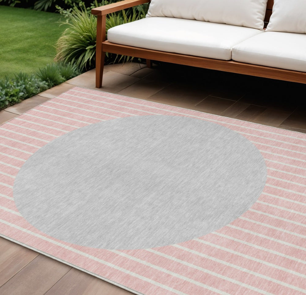 HomeRoots 9' X 12' Pink and Silver Striped Area Rug - Durable, Washable, Stylish for Indoor & Outdoor Spaces 597191