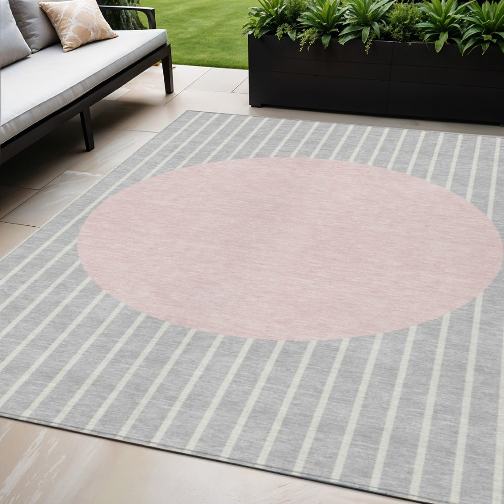 HomeRoots 5' Stylish Silver and Pink Striped Area Rug – Washable, Durable, Perfect for Indoor and Outdoor Spaces 5' X 8' 597194