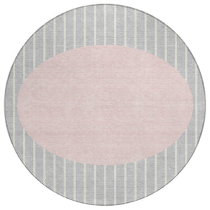HomeRoots 5' Stylish Silver and Pink Striped Area Rug – Washable, Durable, Perfect for Indoor and Outdoor Spaces 8' Round 597195