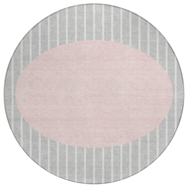 HomeRoots 5' Stylish Silver and Pink Striped Area Rug – Washable, Durable, Perfect for Indoor and Outdoor Spaces 8' Round 597195
