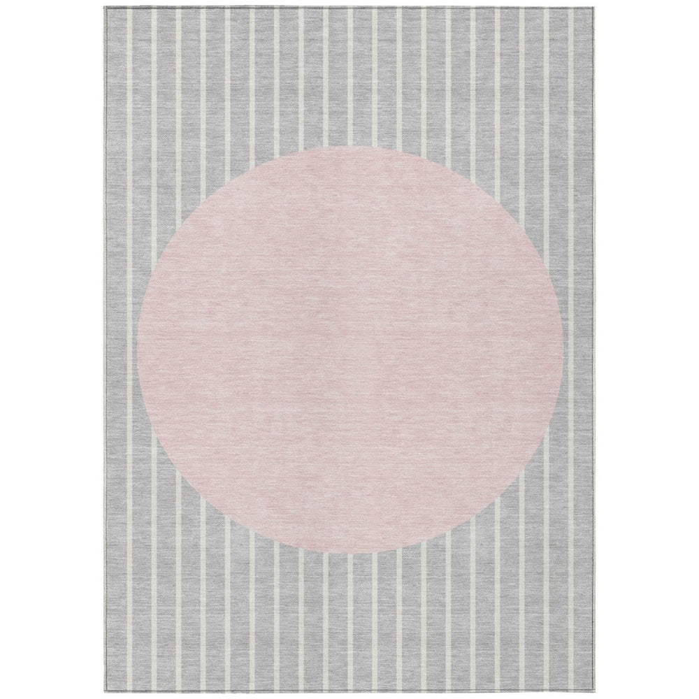 HomeRoots 9' X 12' Stylish Silver and Pink Striped Washable Area Rug for Indoor and Outdoor Use, Durable Design 597197