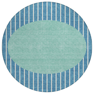 HomeRoots 5' Coastal-Inspired Teal Blue and Aqua Striped Washable Area Rug for Indoor Outdoor Use 8' Round 597201