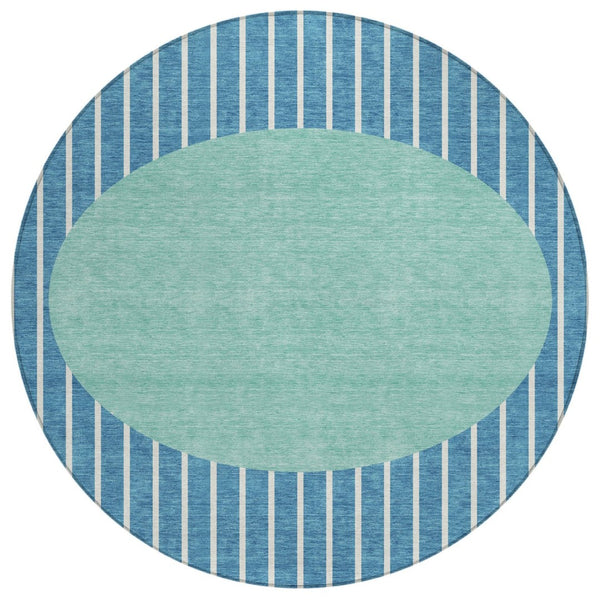 HomeRoots 5' Coastal-Inspired Teal Blue and Aqua Striped Washable Area Rug for Indoor Outdoor Use 8' Round 597201