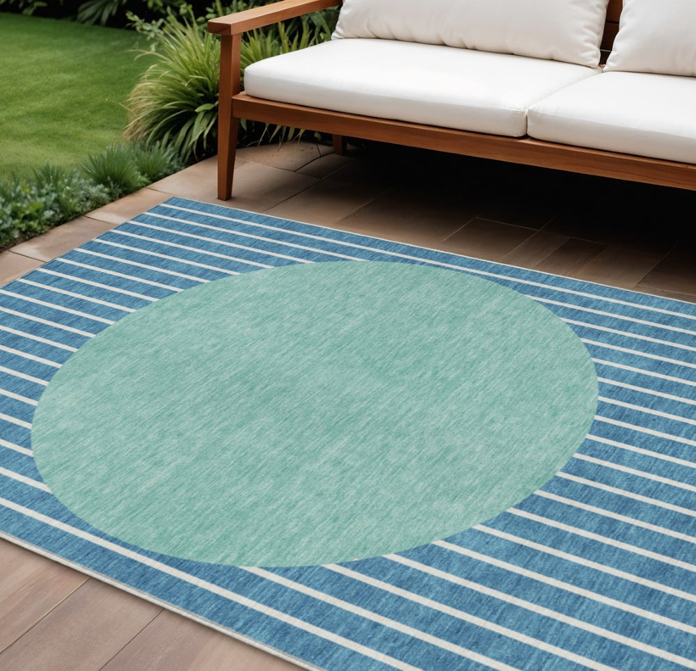 HomeRoots 9' X 12' Teal Blue Aqua Striped Washable Area Rug - Durable, Stylish for Indoor & Outdoor Spaces 597203