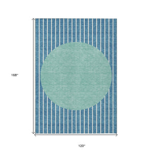 HomeRoots 5' Coastal-Inspired Teal Blue and Aqua Striped Washable Area Rug for Indoor Outdoor Use 10' X 14' 597204
