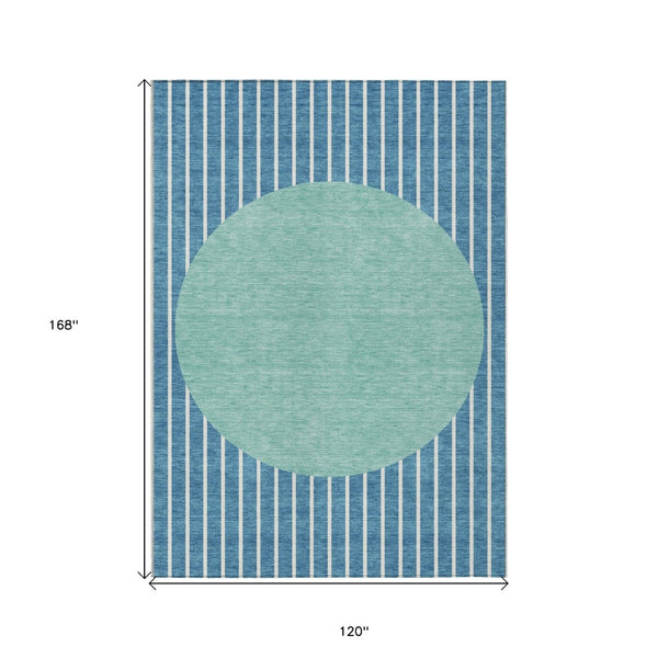 HomeRoots 5' Coastal-Inspired Teal Blue and Aqua Striped Washable Area Rug for Indoor Outdoor Use 10' X 14' 597204