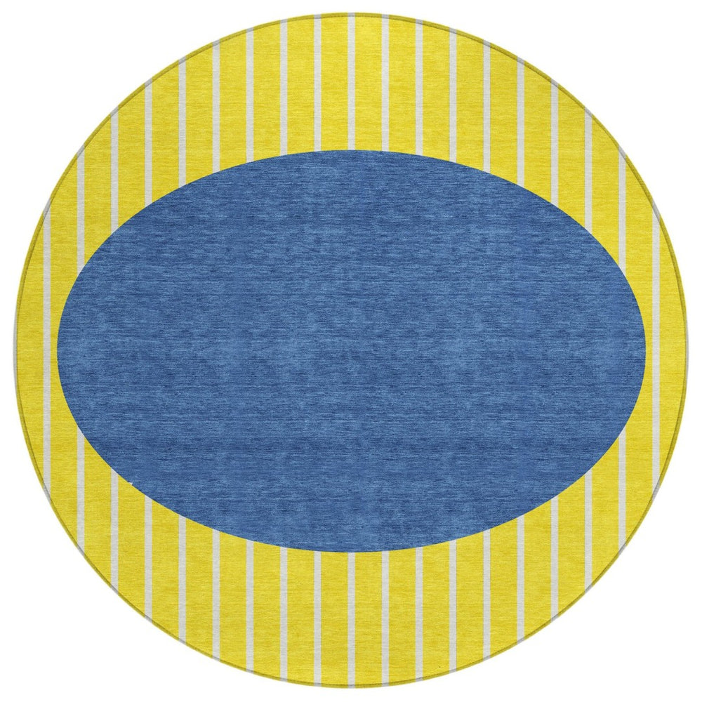 HomeRoots 5' Striped Washable Area Rug in Vibrant Yellow and Blue – Perfect for Indoor and Outdoor Spaces! 8' Round 597213